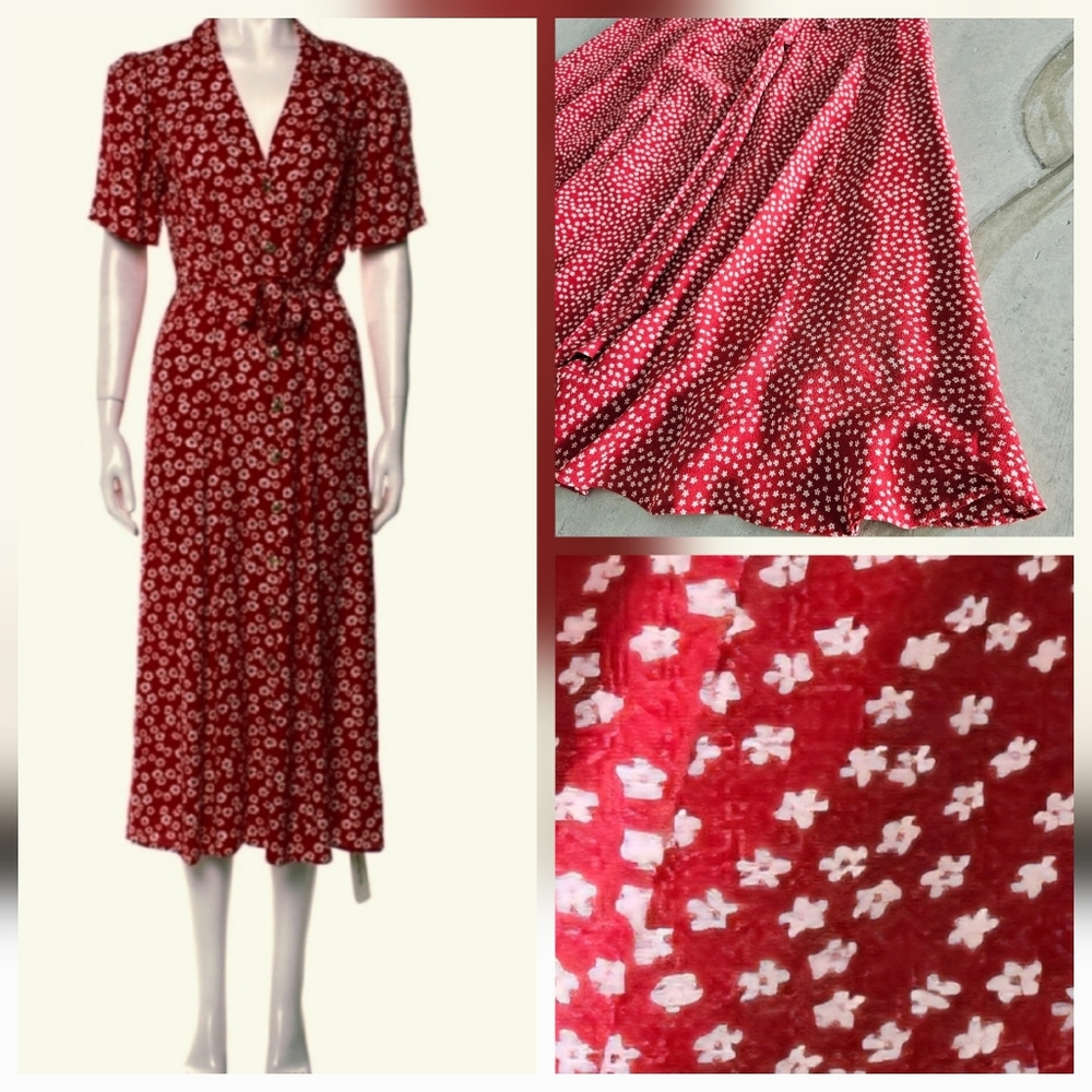 Reformation Red And White Floral Short Sleeve Wrap Maxi Dress